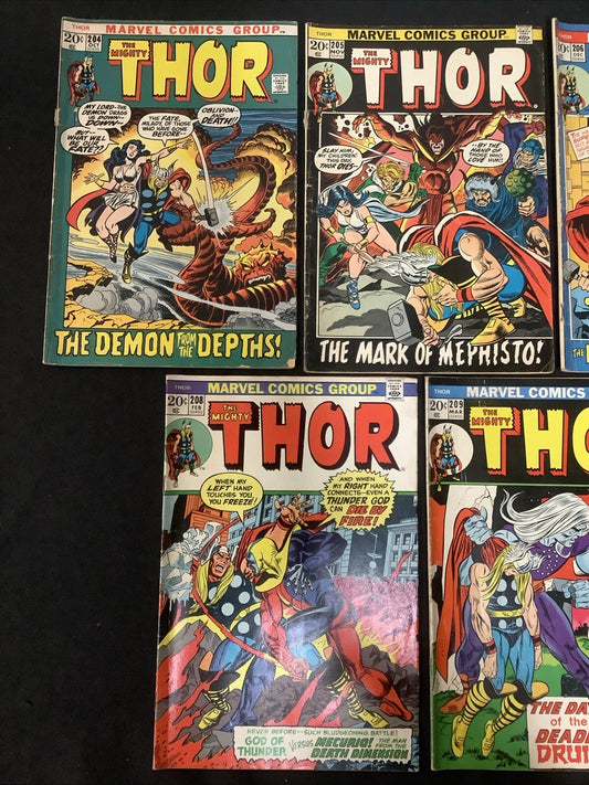 Thor #204-210 Comic Lot, Marvel, Low To Mid Grade, 1st App Demon Druid, Buscema