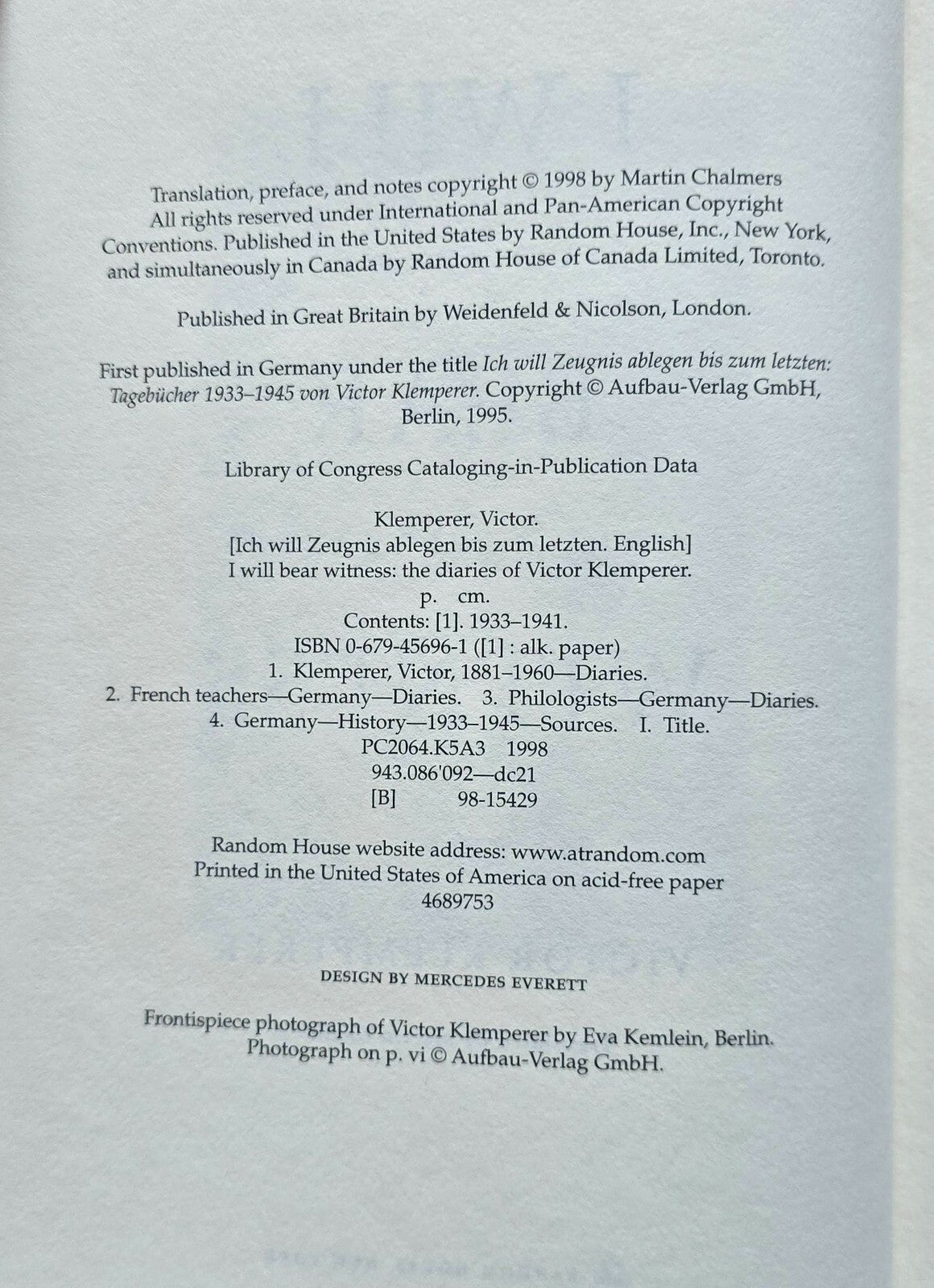 Diary of the Nazi Years, 1933-1941 by Victor Klemperer (1998, Hardcover) JD