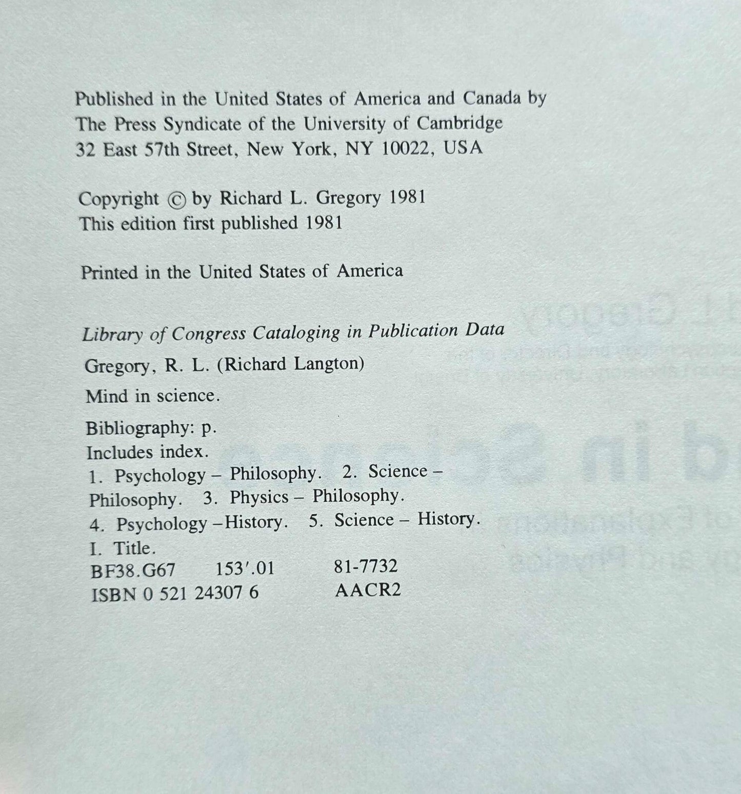 Mind In Science By Richard L. Gregory (1981, HC) JD