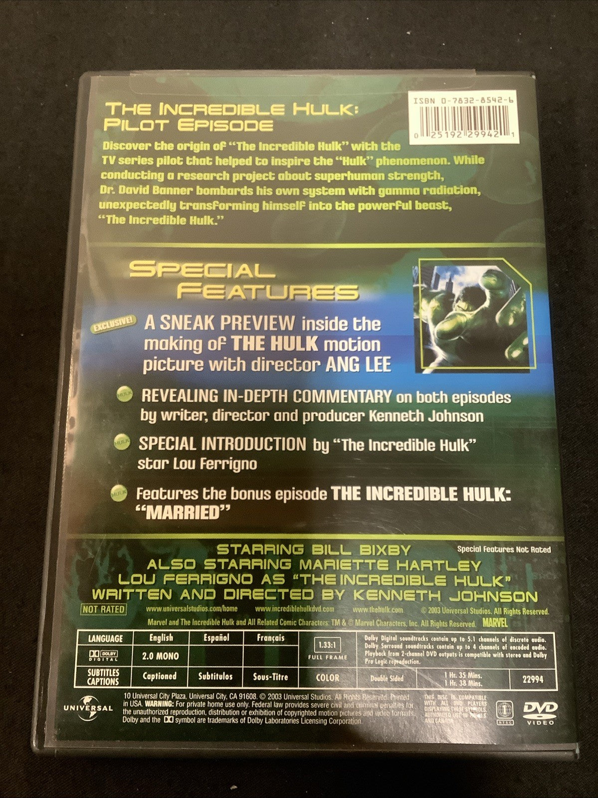 The Incredible Hulk (Pilot Episode) (DVD, 1977) Signed By Lou Ferrigno!