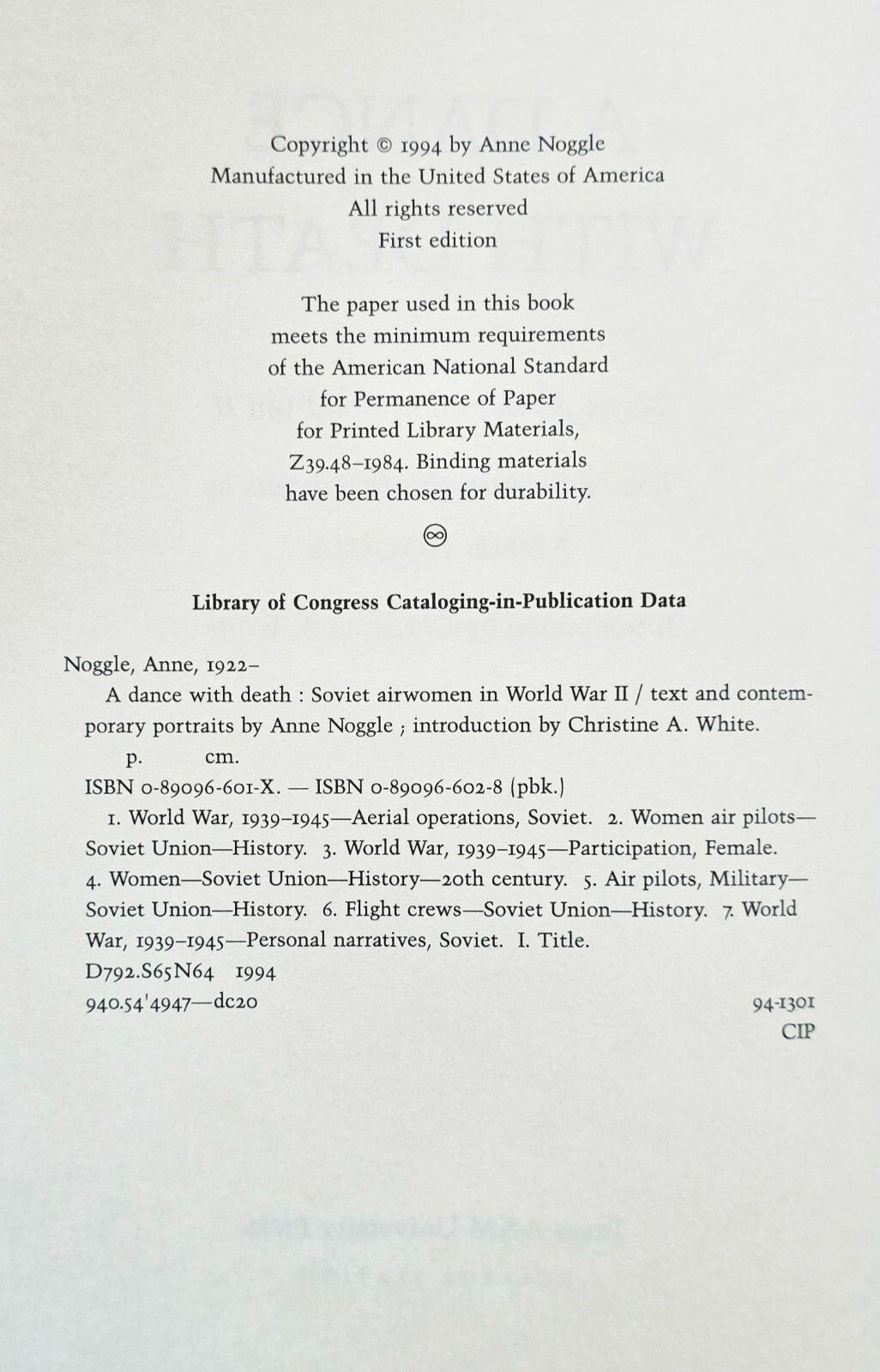 Dance with Death Soviet Airwomen in World War 2 by Anne Noggle (1st Ed 1994) JD