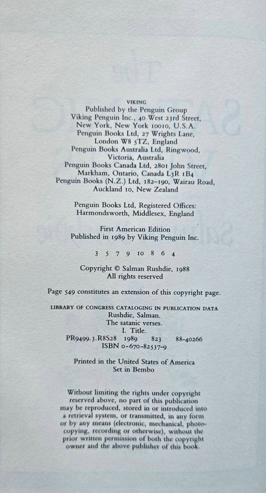 Satanic Verses by Salman Rushdie (1st American Ed 1989) - JD