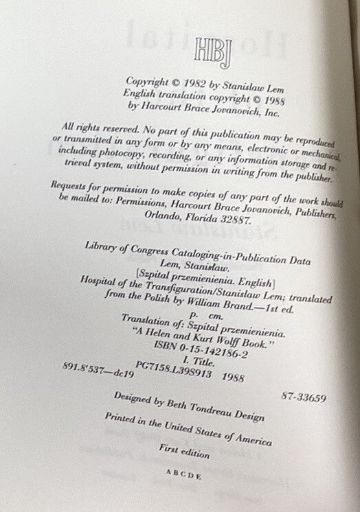 Hospital of the Transfiguration: Stanislaw Lem -HB DJ 1st American Print 1988-JD