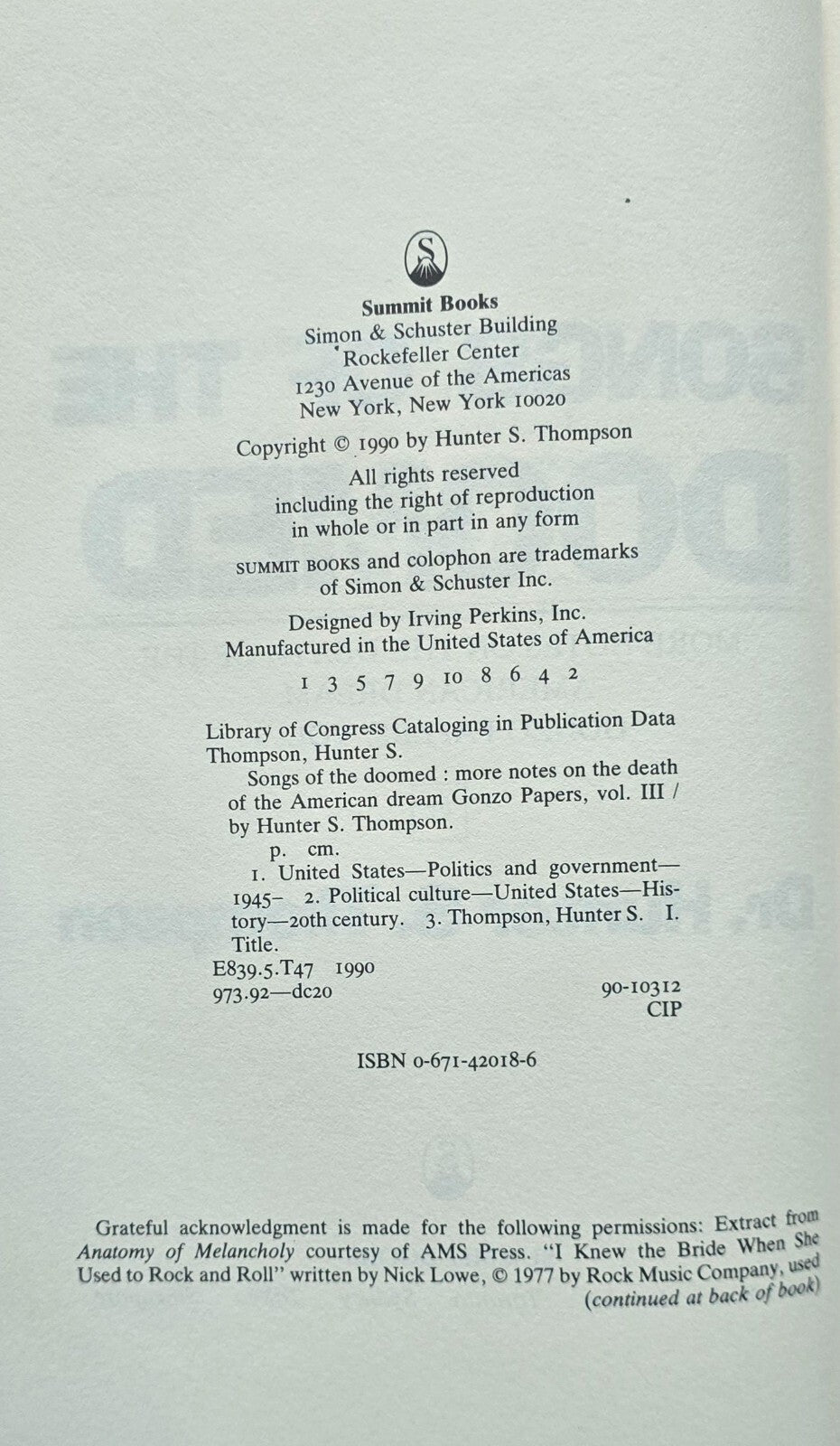 Dr. Hunter S. Thompson Songs Of The Doomed, Gonzo Papers Vol. 3 (1st Ed HC 1990)