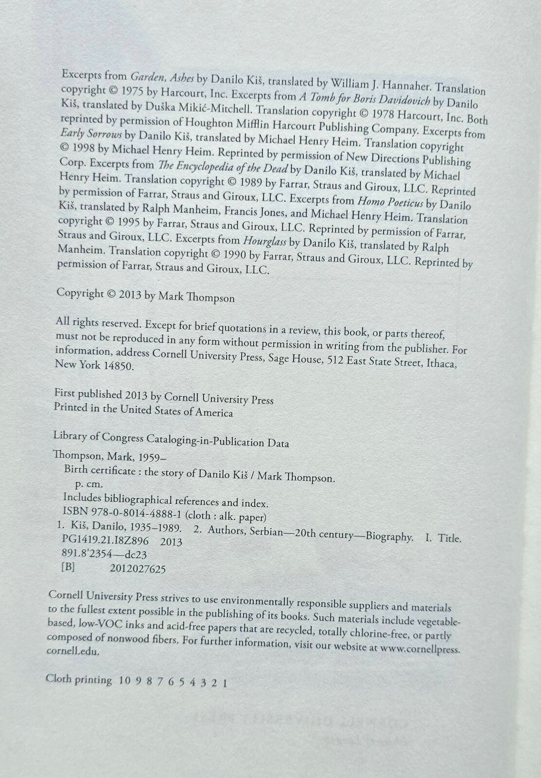 Birth Certificate: The Story of Danilo Kis by Mark Thompson (2013, 1st Ed.) JD