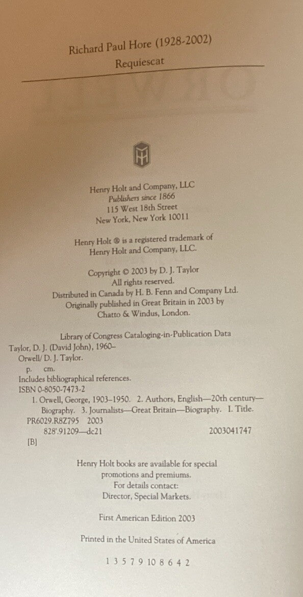 Orwell : The Life by D. J. Taylor (2003, Hardcover, First American edition) -JD