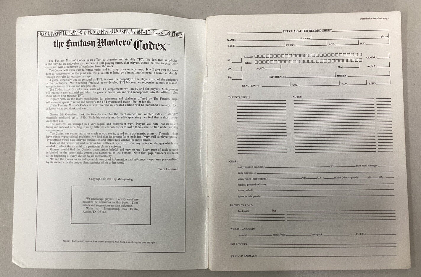 The Fantasy Masters Codex RPG Book Manual 1981 The Fantasy Trip 2301 Metagaming