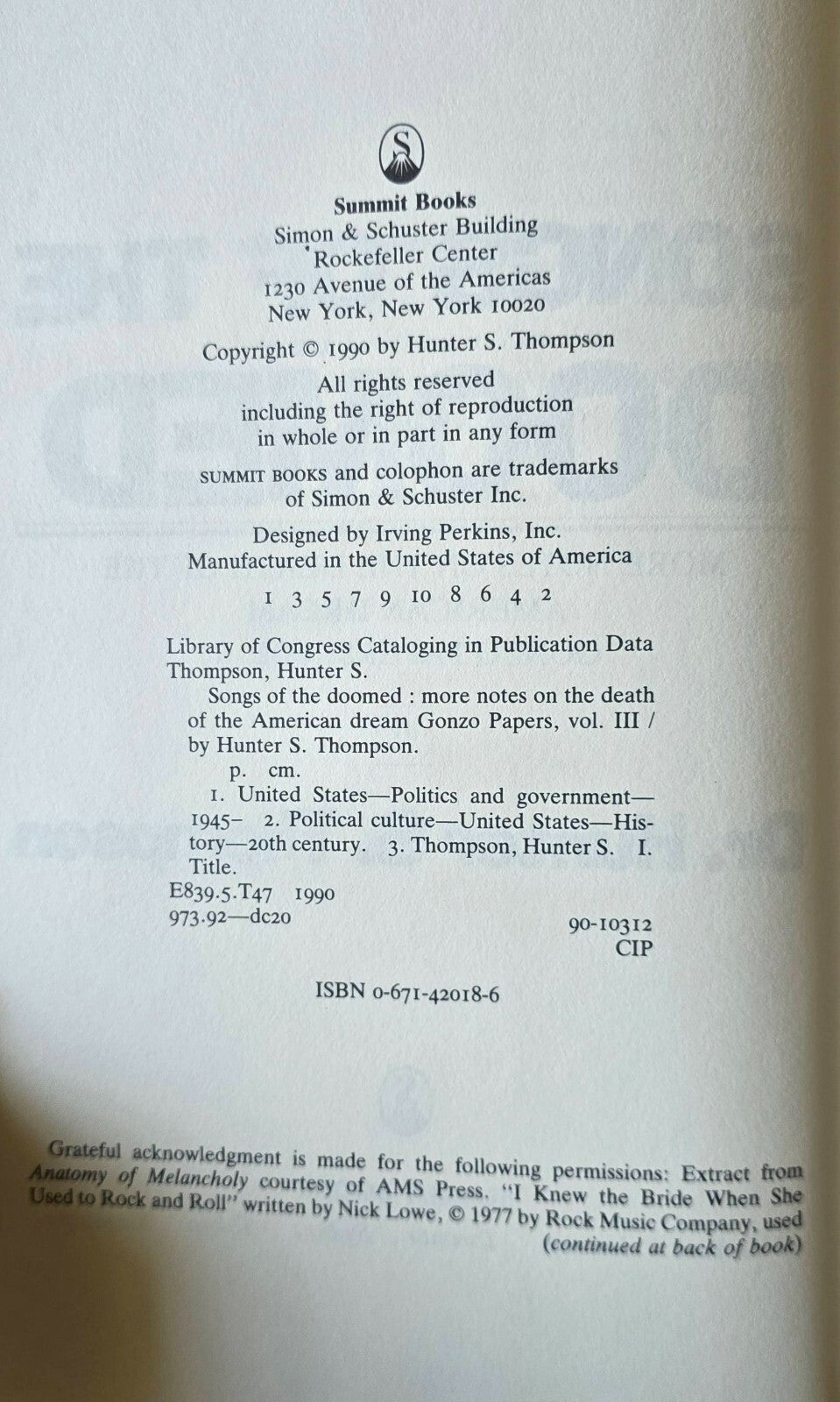 Dr. Hunter S. Thompson Songs Of The Doomed (1990, 1st Ed HC w/DJ)