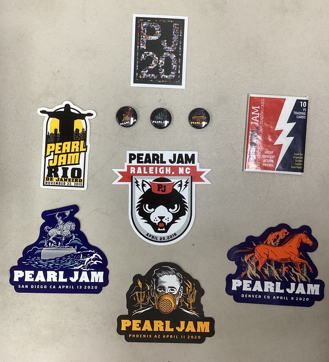 Pearl Jam Cancelled Shows (Plus Others) Stickers, Buttons, Trading Card Lot