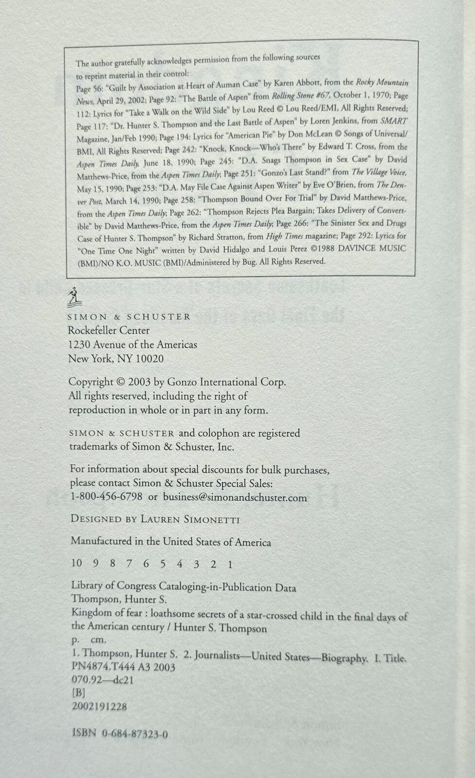 Kingdom of Fear by Hunter S. Thompson (1st Ed HC w/DJ 2003)