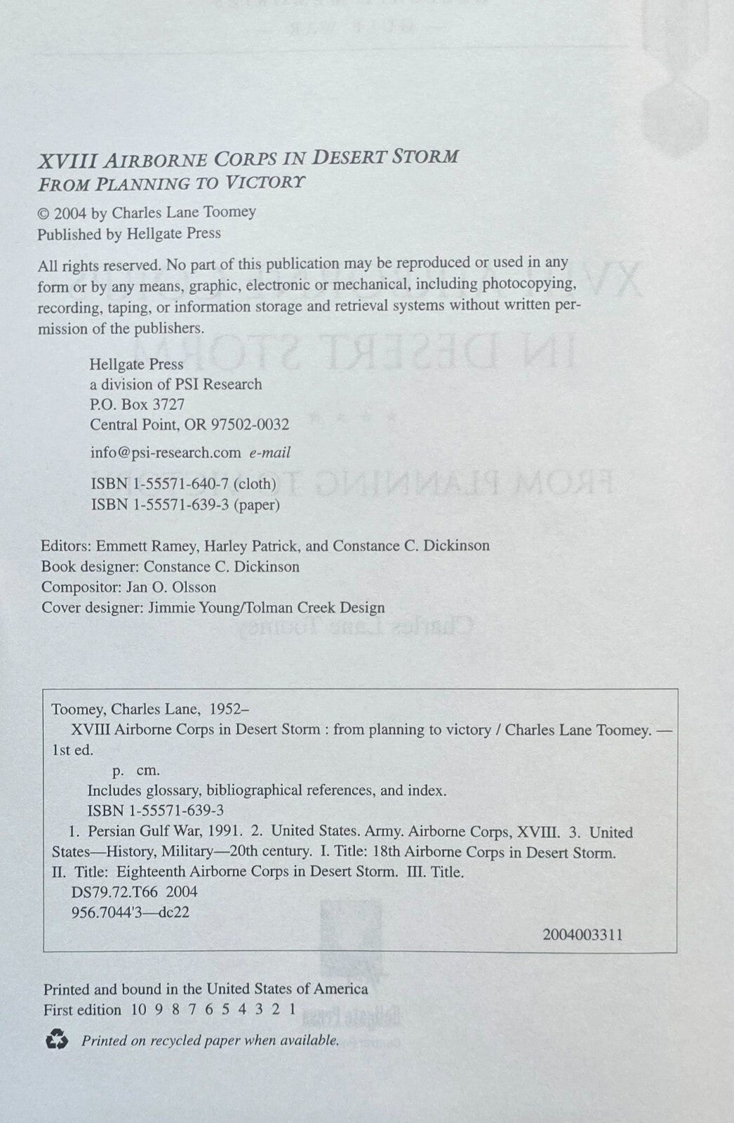 XVIII Airborne Corps in Desert Storm By Charles Lane Toomey (1st Ed 2004) JD