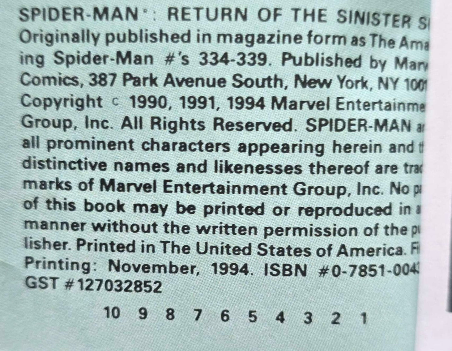 Spider Man: The Return of the Sinister Six TPB(1st Print, Nov. 1994)