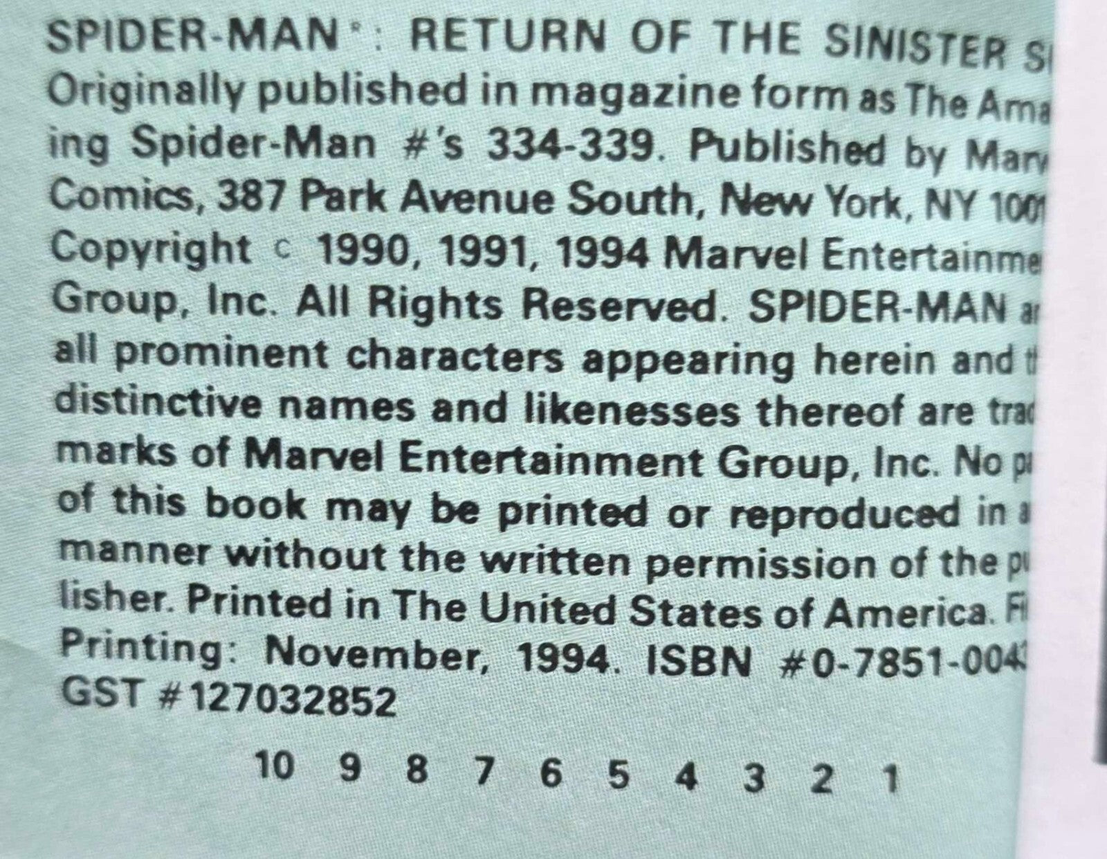Spider Man: The Return of the Sinister Six TPB(1st Print, Nov. 1994)