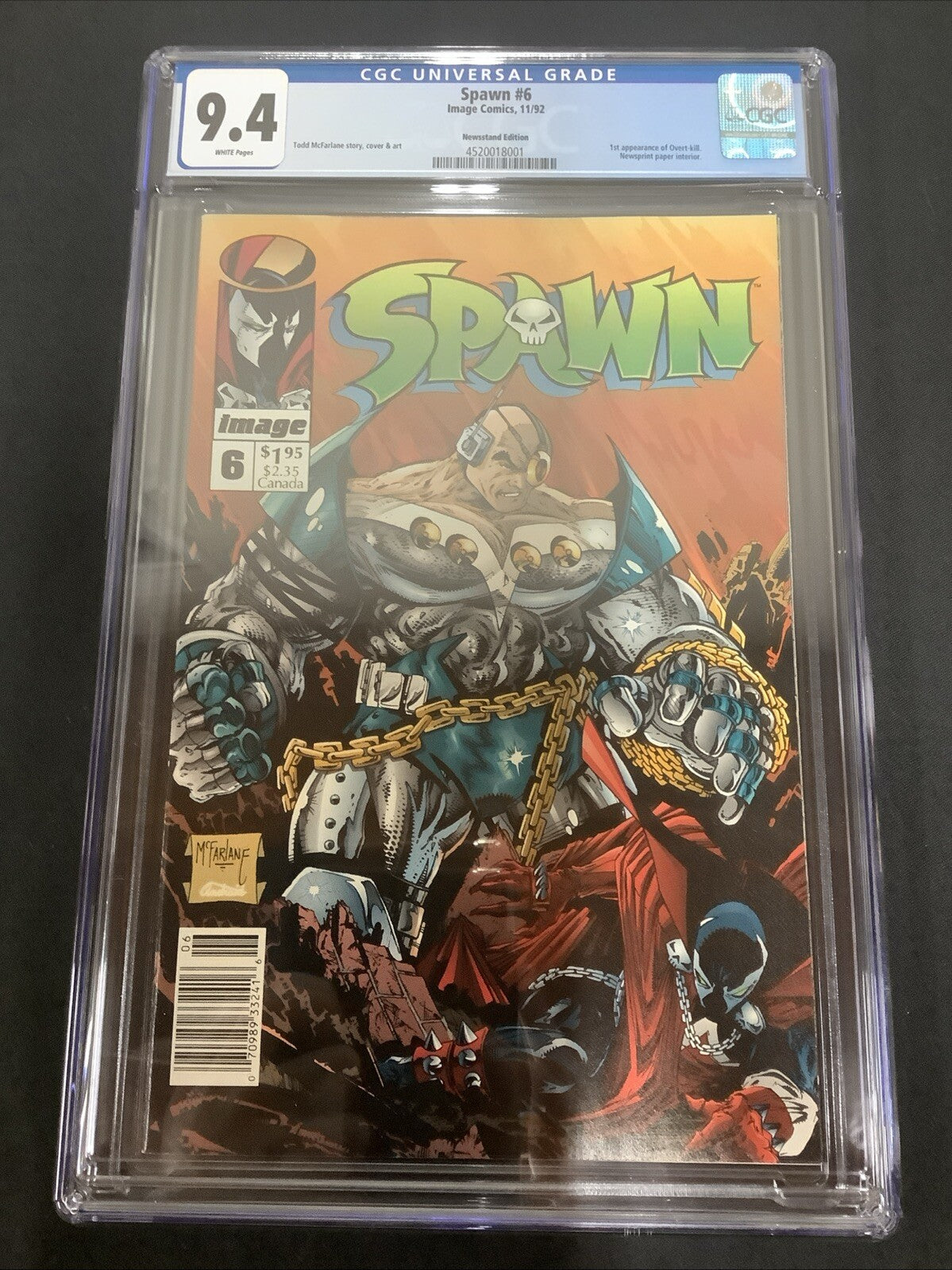 Spawn #6 (November 1992) CGC Graded 9.4, White Pages, NEWSSTAND EDITION COVER