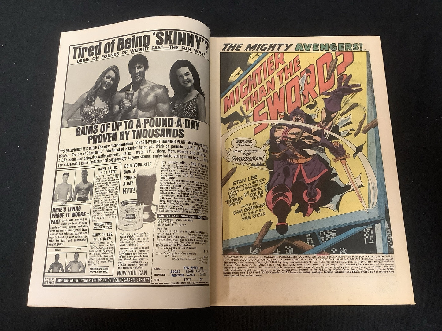 Avengers #65 (1969) VF- (7.5) Roy Thomas/Gene Colan, “The Swordsman Strikes!"