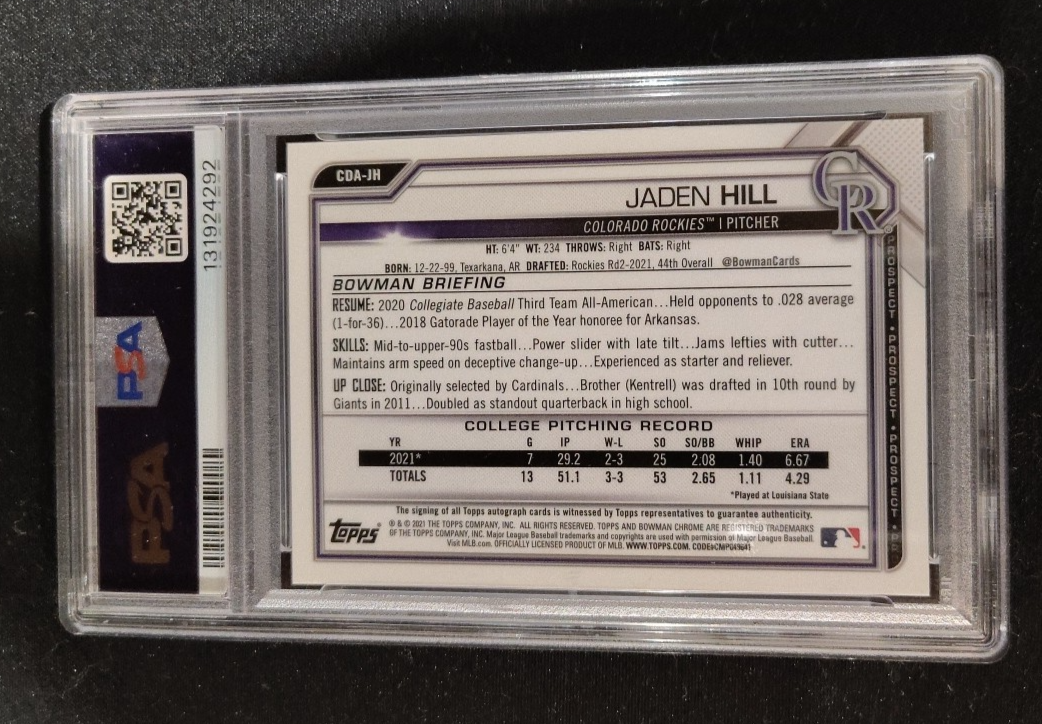 2021 BOWMAN DRAFT CHROME DP AUTOS #CDAJH JADEN HILL #/250 PSA 9 Purple AUTO