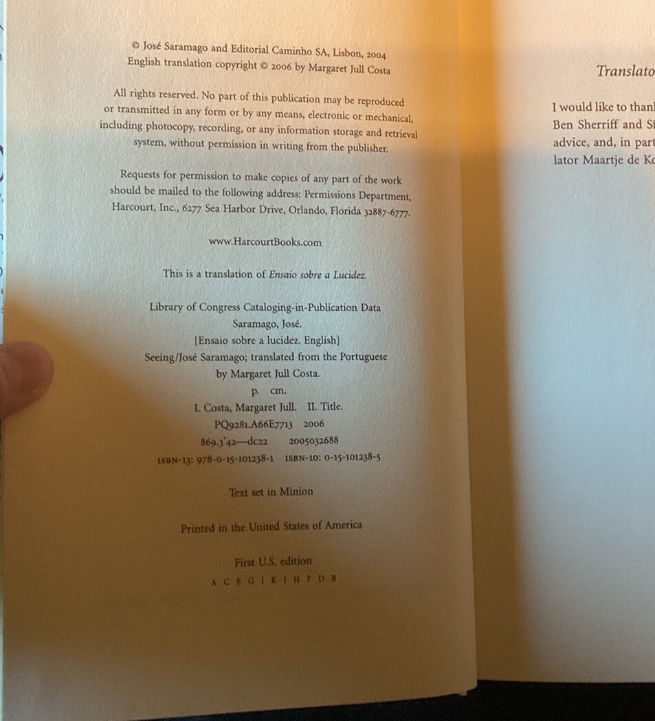 SEEING Jose Saramago NOBEL PRIZE 1st Edition First Printing Fiction NOVEL  -JD
