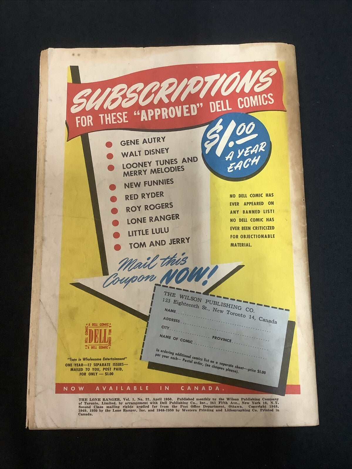 Lone Ranger #22 (1950) G/VG (3.0) 3/8” Spine Roll, Canadian Edition