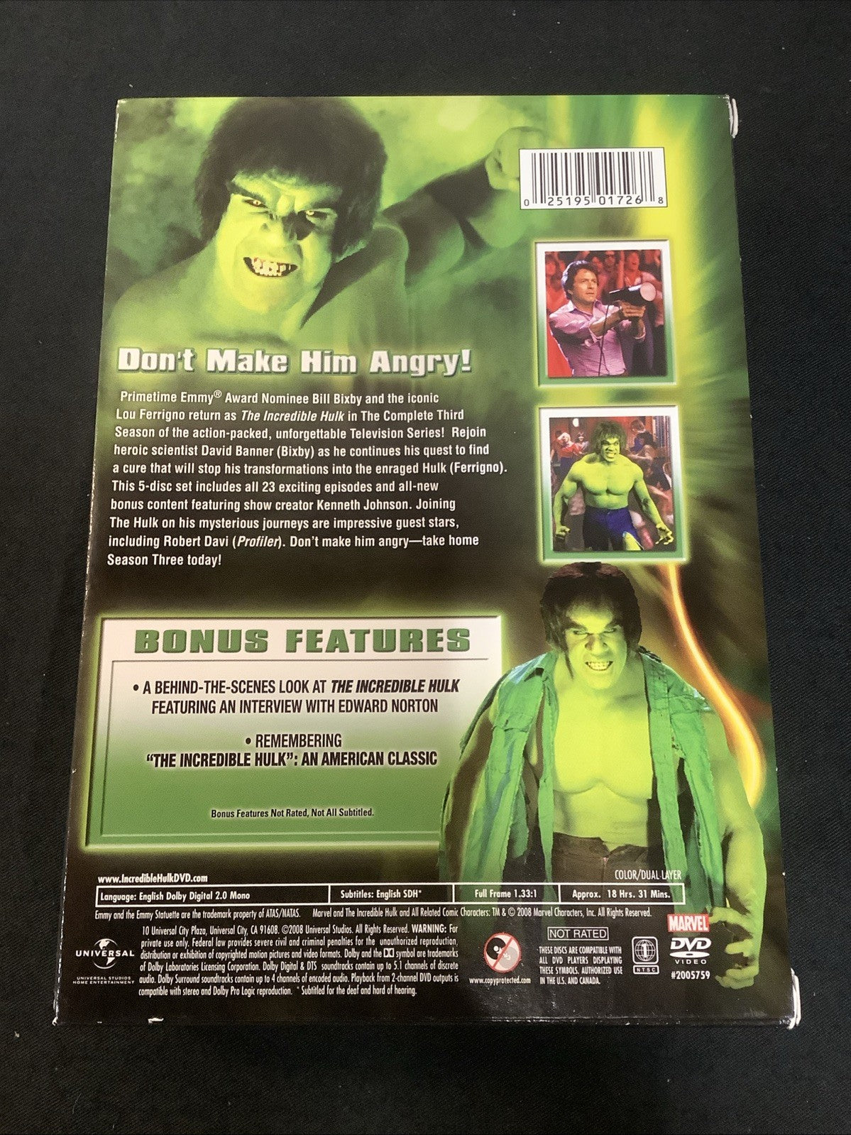 The Incredible Hulk, The Complete Season 3 (DVD, 5-Disc Set) LOU FERRIGNO SIGNED
