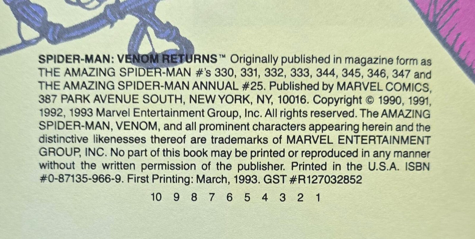 Spider-Man: Venom Returns (1st Ed March 1993) Marvel - Larsen Emberlin