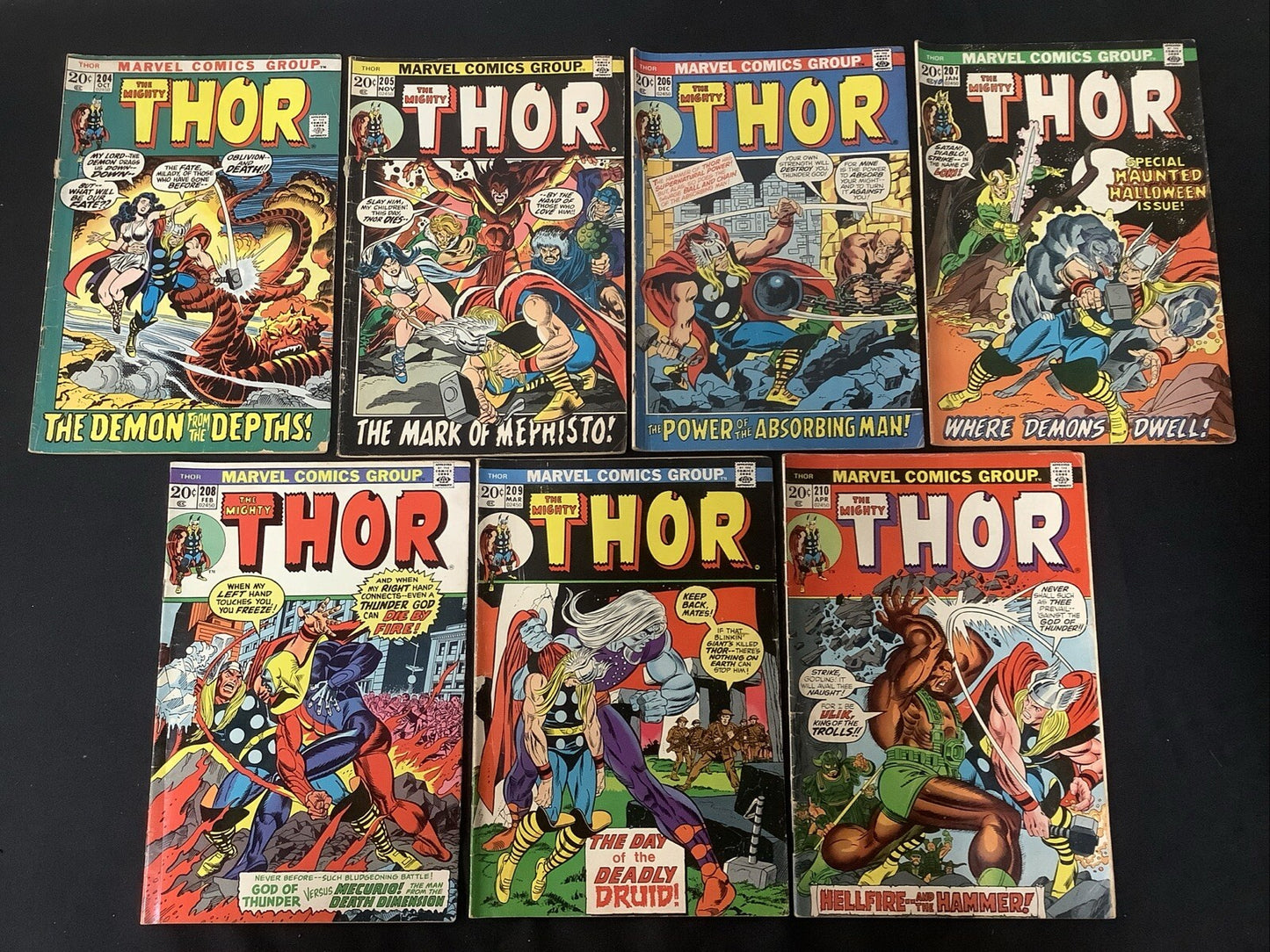 Thor #204-210 Comic Lot, Marvel, Low To Mid Grade, 1st App Demon Druid, Buscema