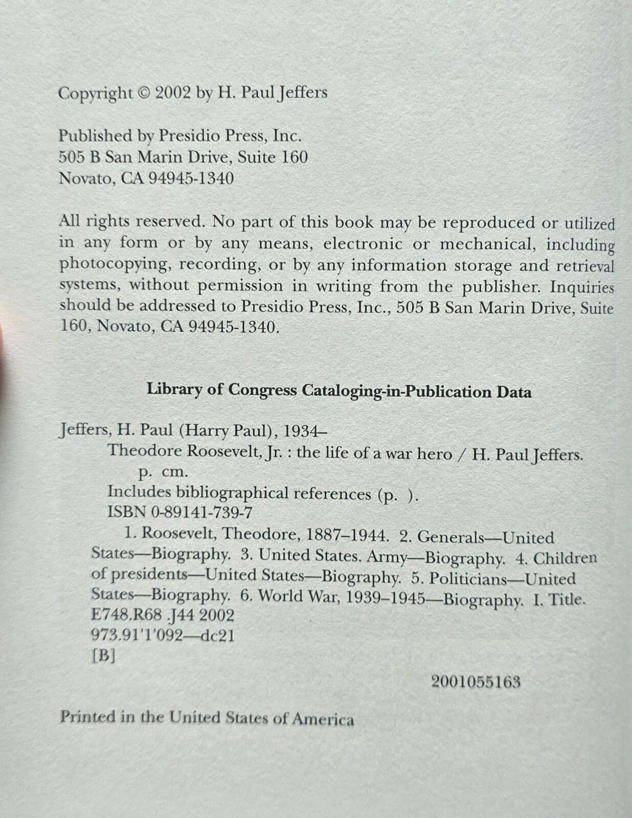 Theodore Roosevelt Jr. The Life Of A War Hero By H. Paul Jeffers (2002, HC) JD