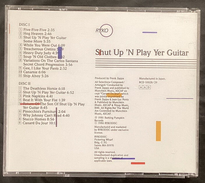 Frank Zappa Shut Up ‘N Play Yer Guitar (2 CD, Japan RYKODISC, Like New) -JD