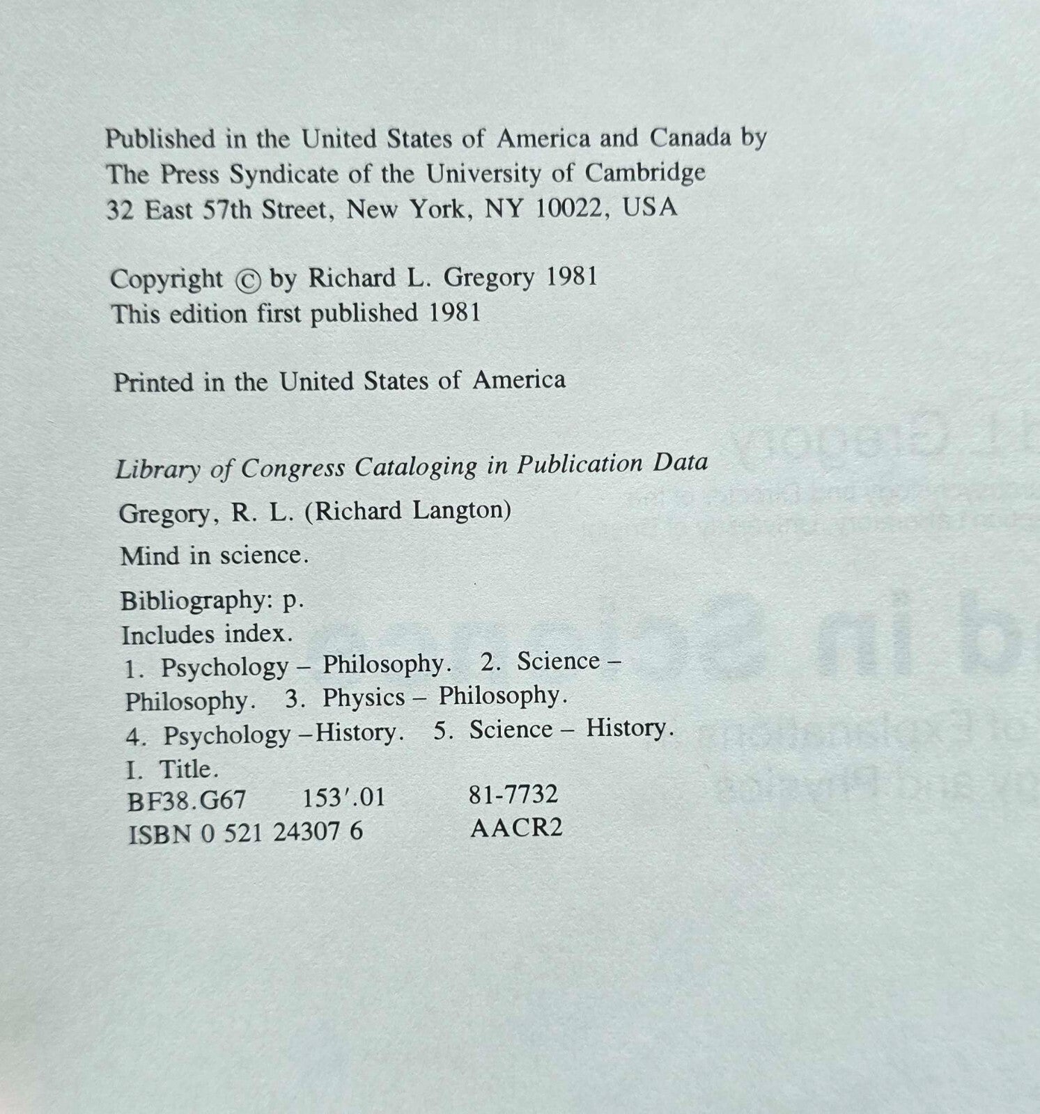 Mind In Science By Richard L. Gregory (1981, HC) JD