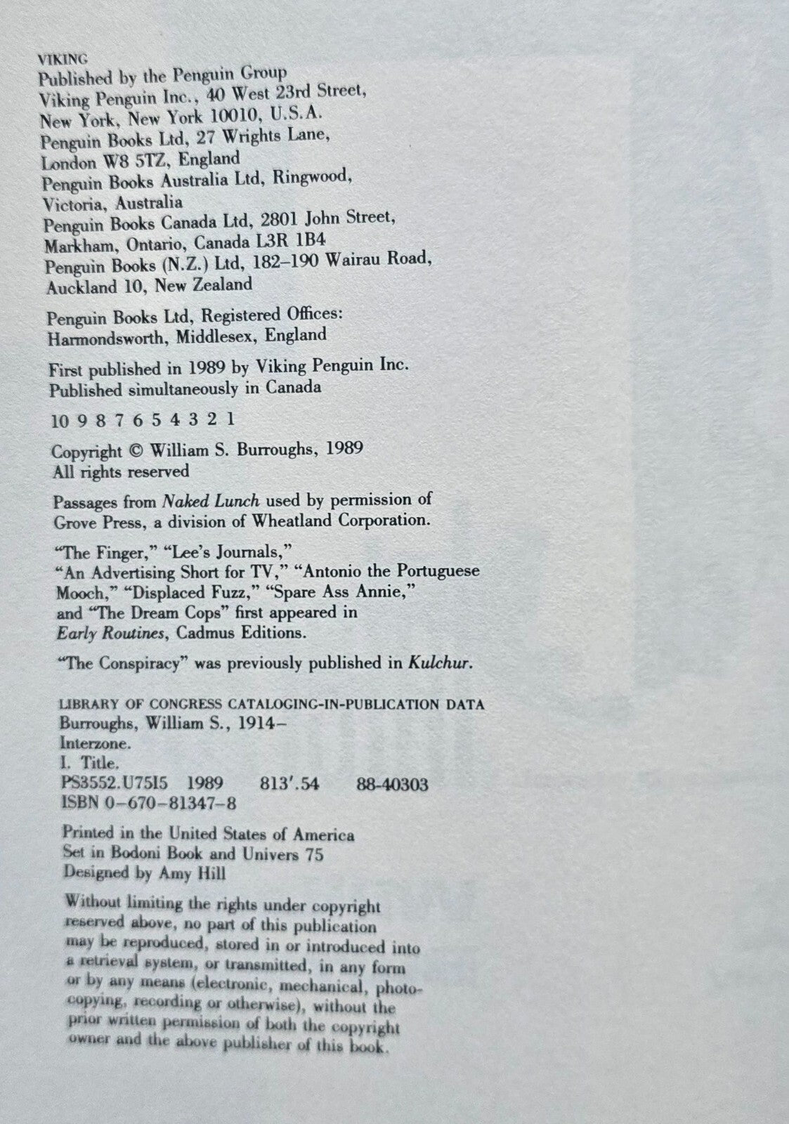 INTERZONE by William S. Burroughs (1st Ed HC w/DJ 1989)