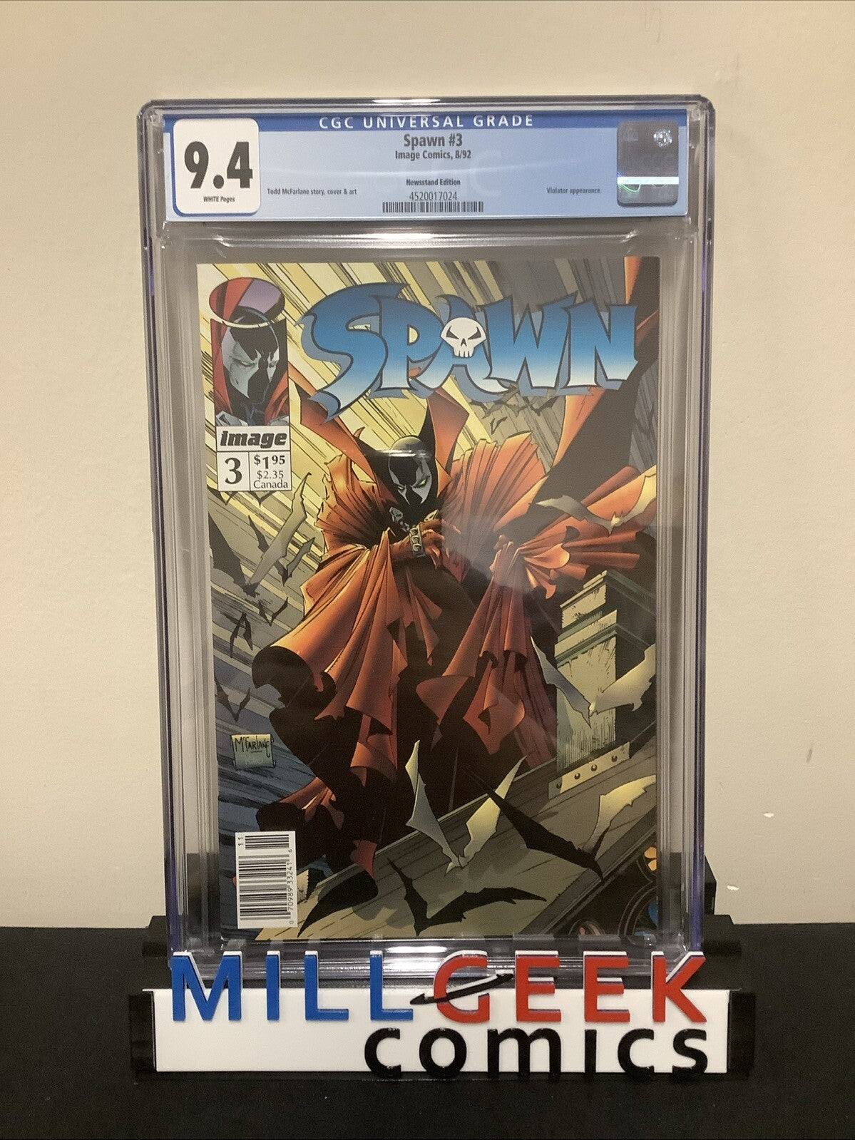Spawn #3 (August 1992) CGC Graded 9.4, White Pages, NEWSSTAND EDITION COVER
