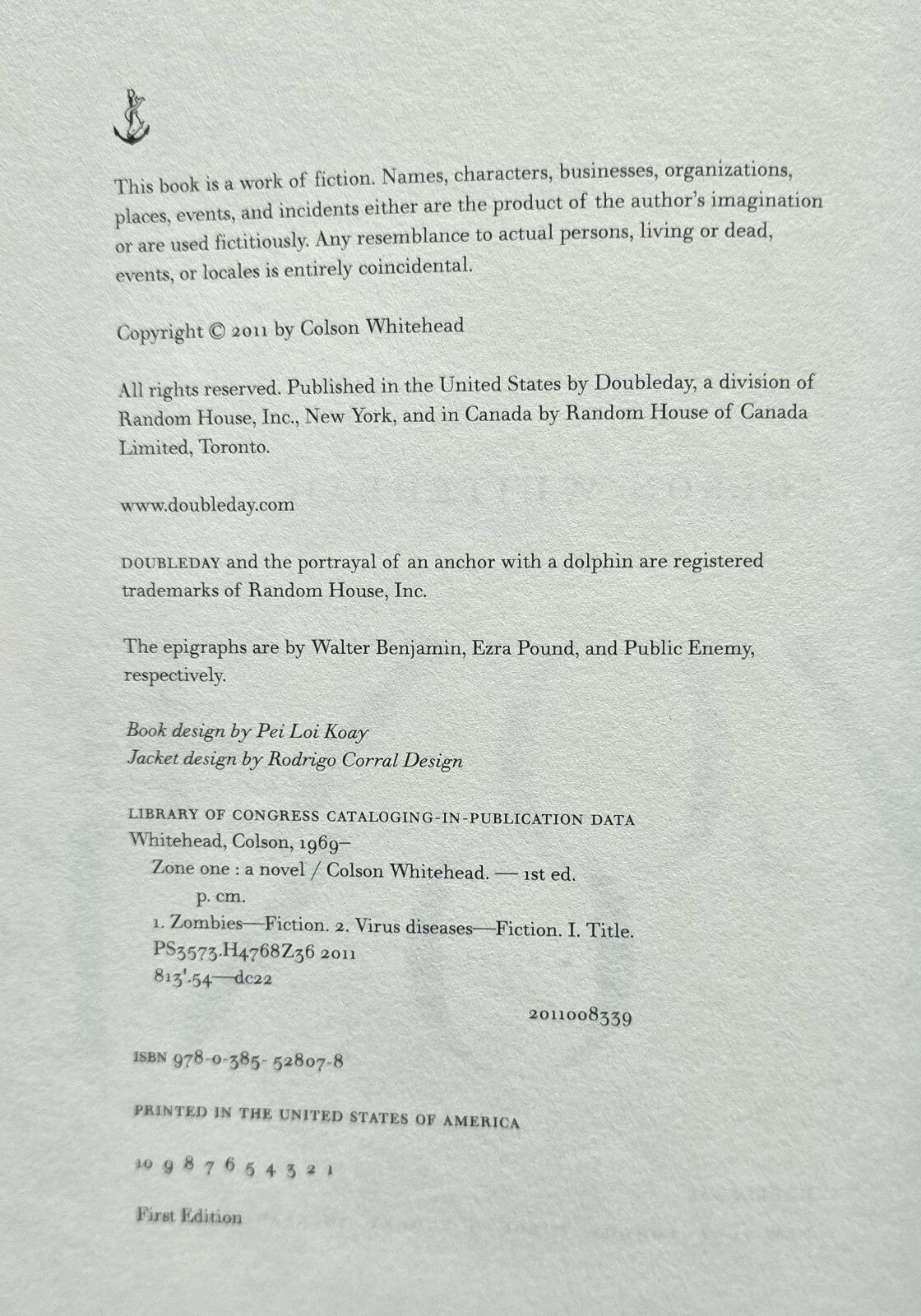 Zone One : A Novel by Colson Whitehead (2011, 1st Ed. HC) JD