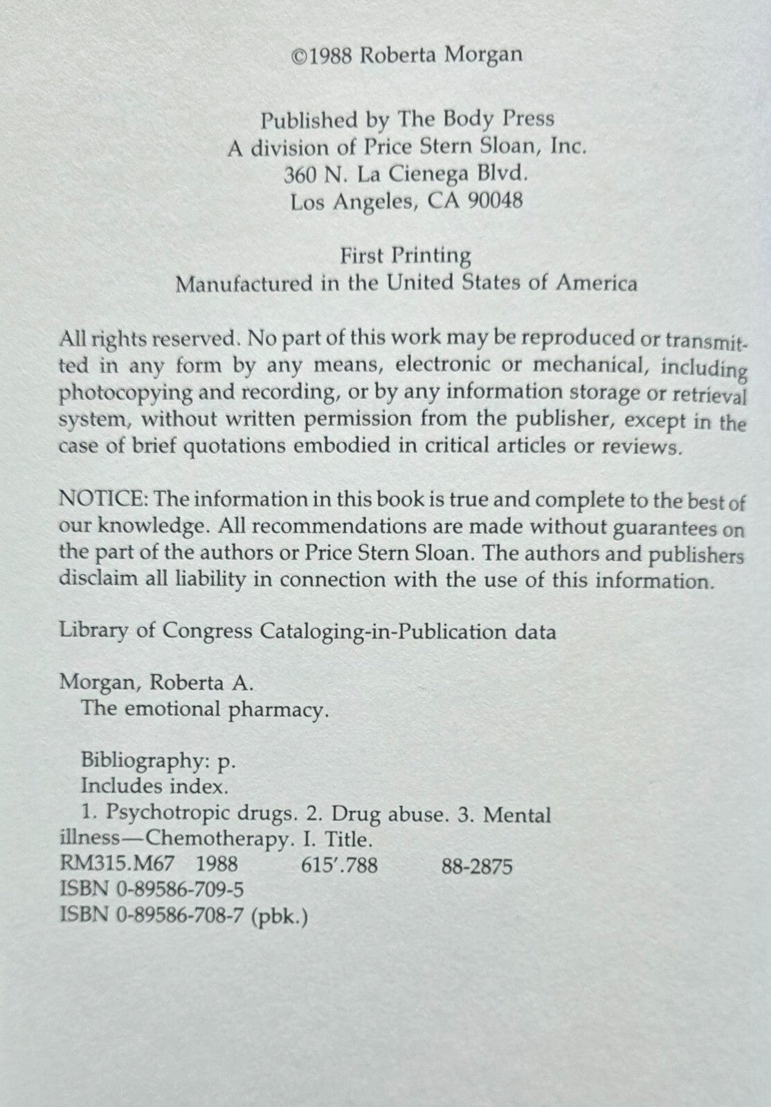 The Emotional Pharmacy By Roberta Morgan (1st Print, 1988) JD