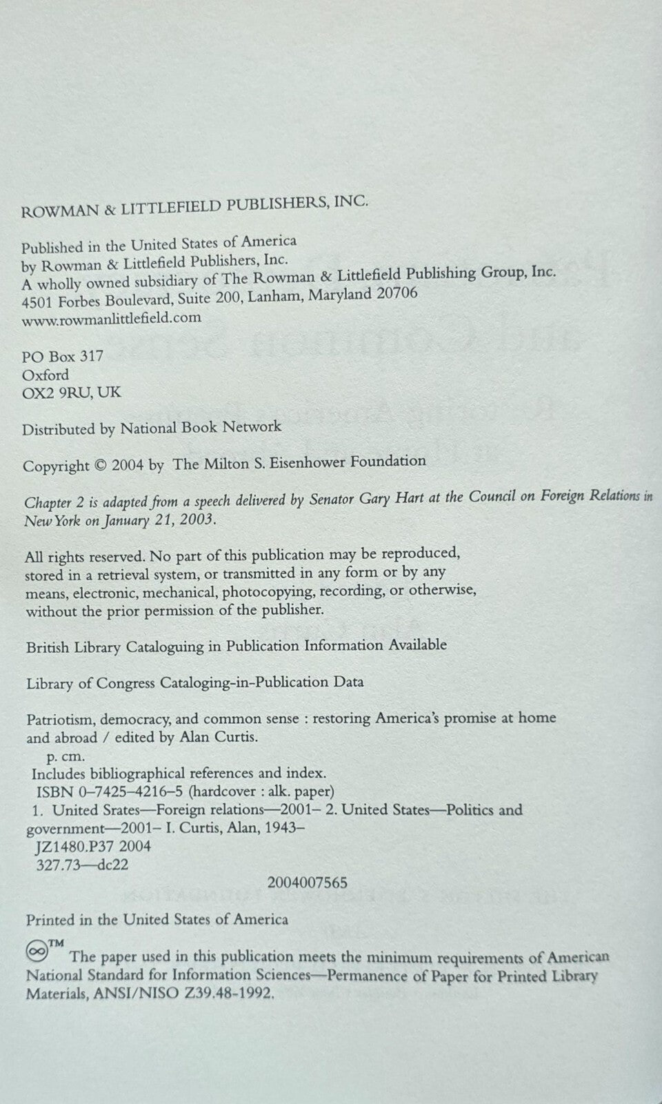 Patriotism, Democracy and Common Sense (2004, HC) JD