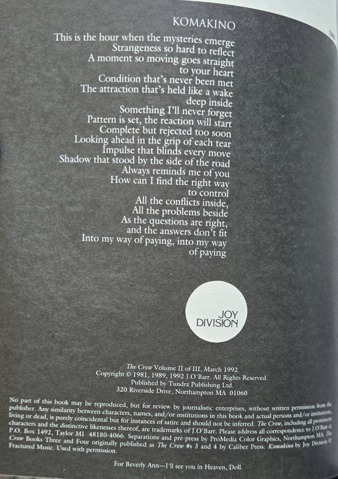 The Crow Volume Two Irony & Despair By J.O'Barr - Tundra publishing