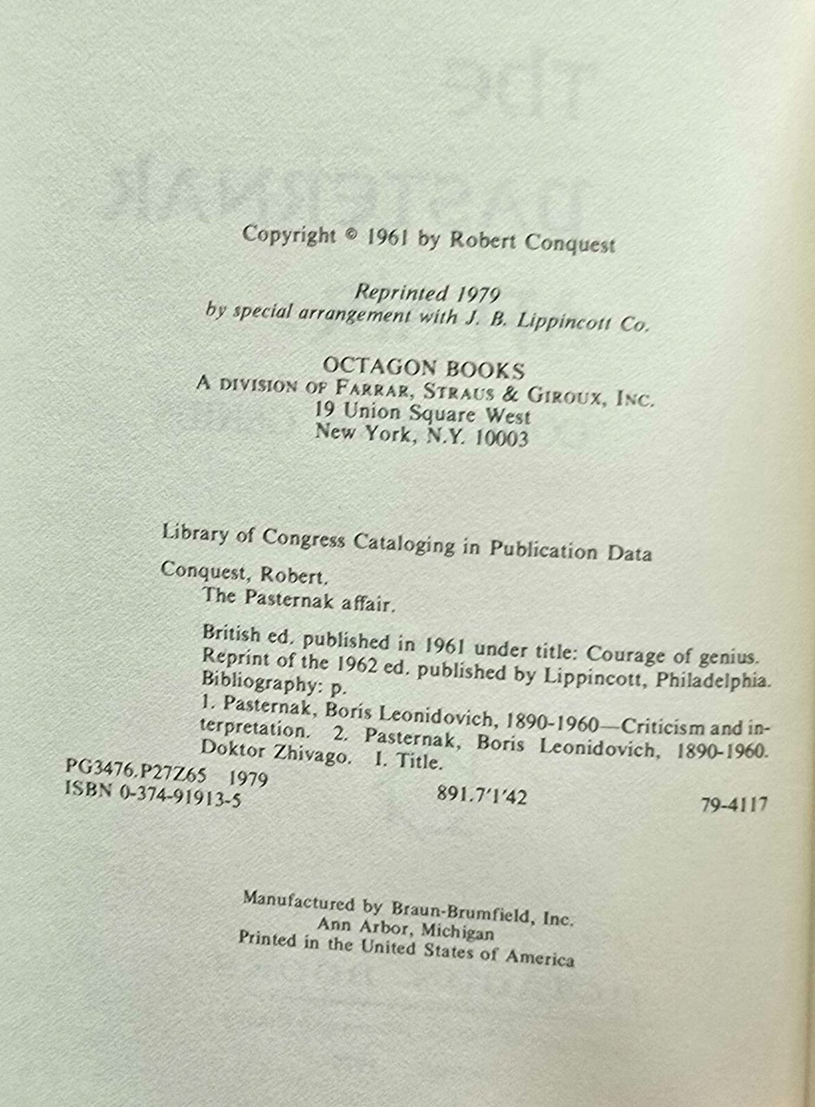 The Pasternak Affair: Courage Of Genius by Robert Conquest (1979, HC) Octagon-JD
