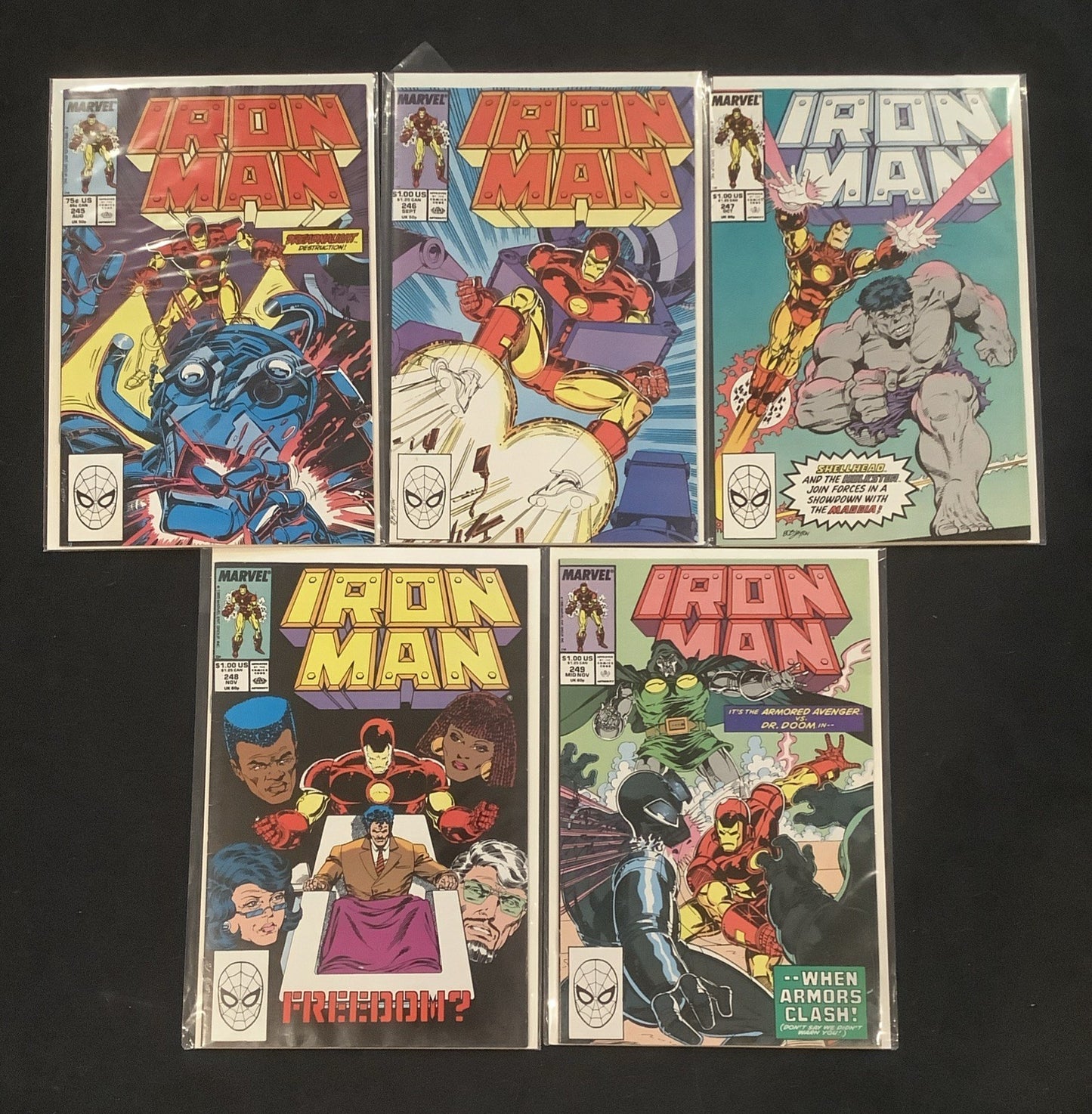 Iron Man #245-249 Comic Lot, Marvel Comics, Iron Man And Hulk Team-up, 1988