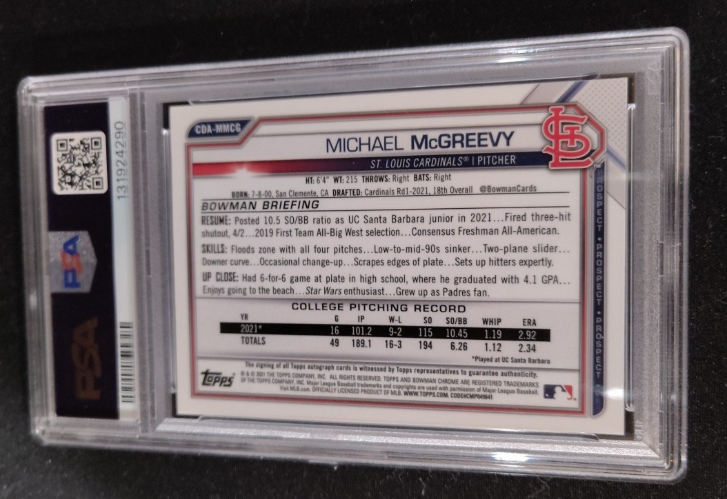 2021 Bowman Draft - Michael McGreevy - #/75 Black Refractor Autograph PSA 10
