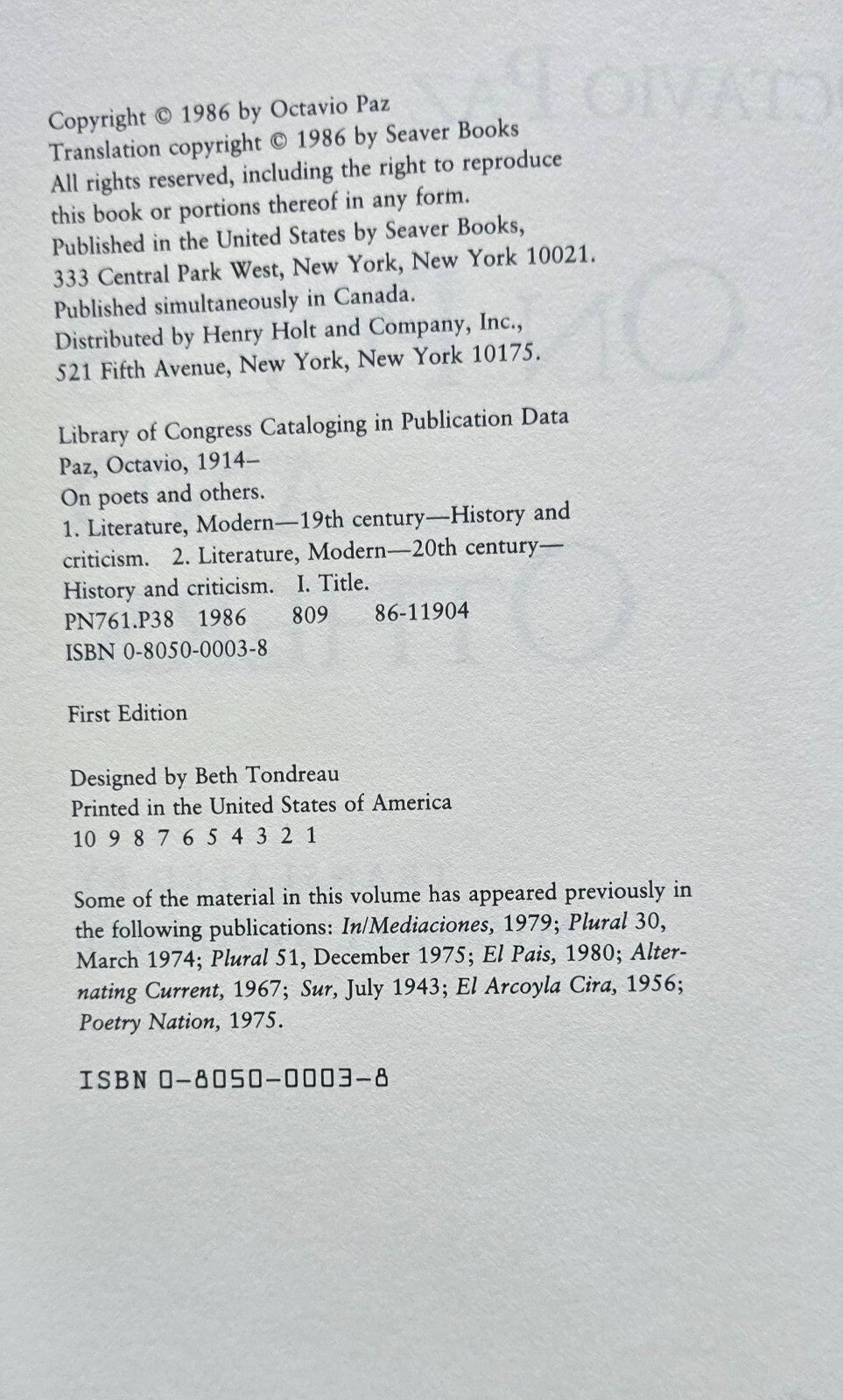 On Poets and Others by Octavio Paz Lozano (1st Ed 1986) JD