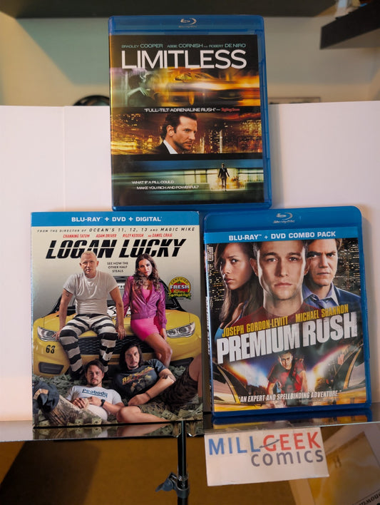 Limitless / Logan Lucky / Premium Rush, 3 Movie Lot (Blu-ray) -JD