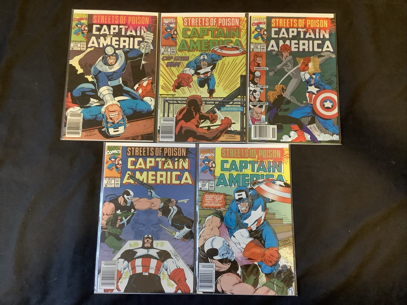 Captain America #374-378 Comic Lot, Marvel Comics, Newsstand Covers, 1990