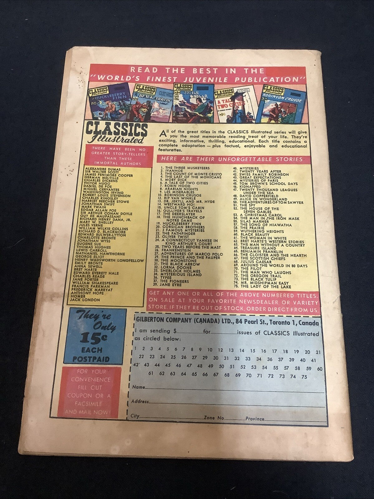 Classics Illustrated #70 HRN 125 (1955)  VG- (3.5) Canadian, 1/4” Spine Roll