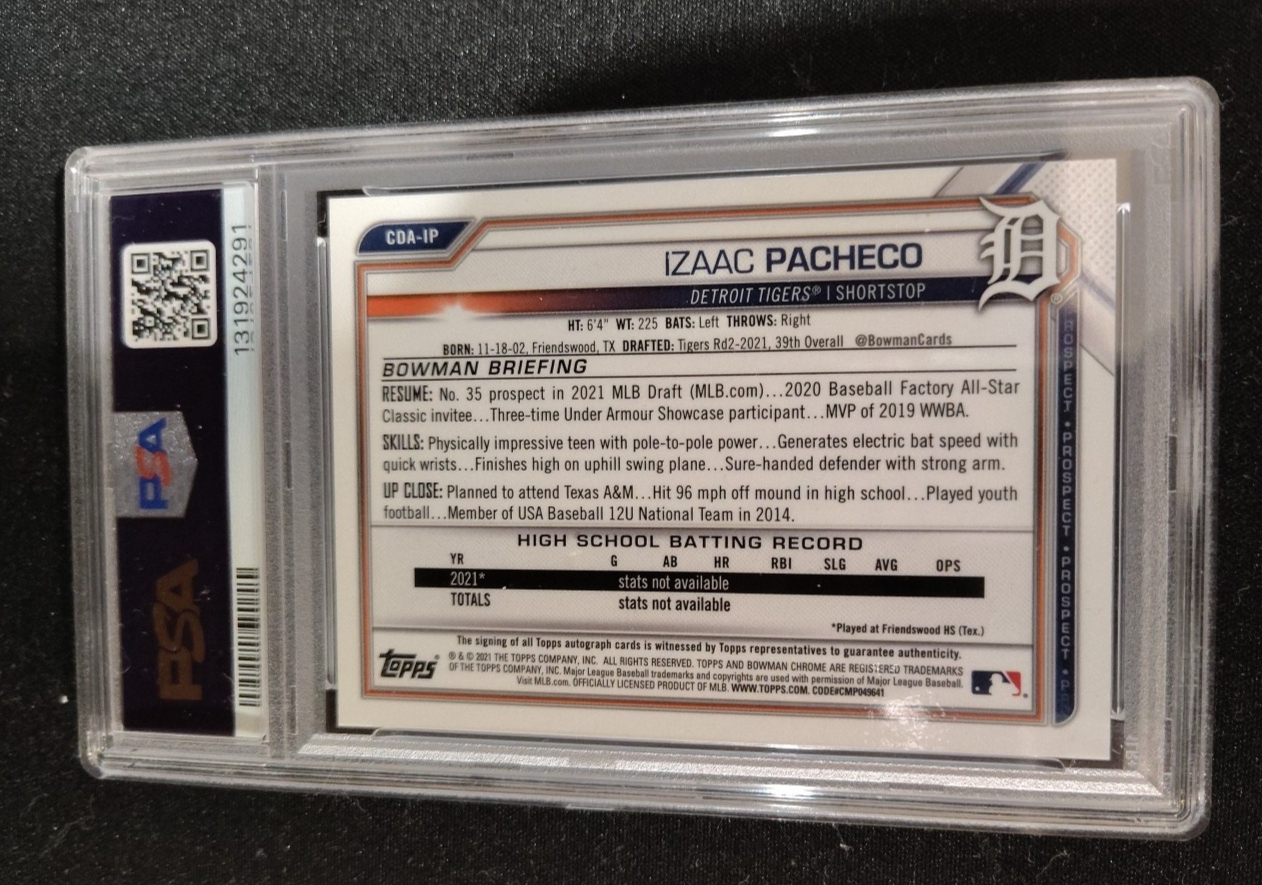 2021 Bowman Draft Chrome Izaac Pacheco 1st  Blue Wave Auto /150 PSA 9 - Tigers