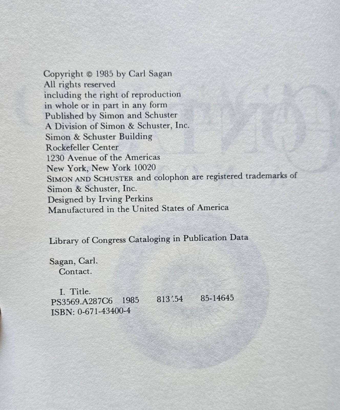 Contact By Carl Sagan (1985, HC) JD