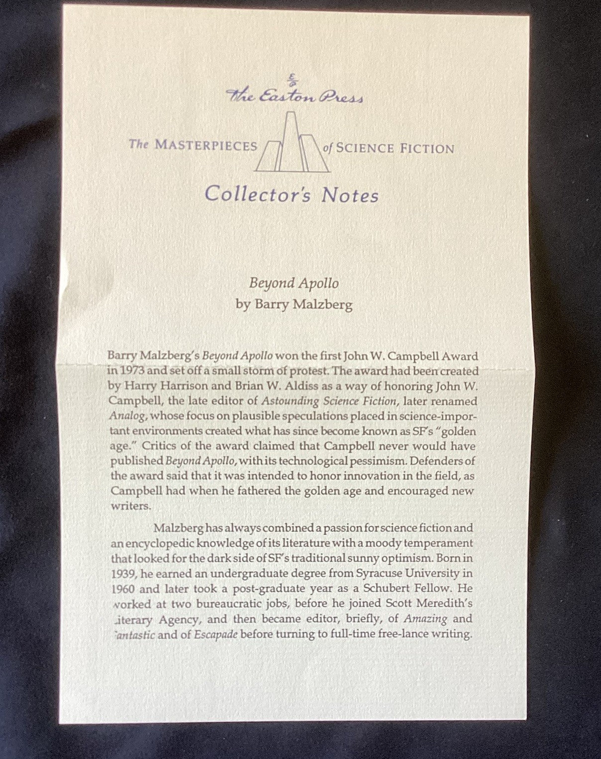 Easton Press BEYOND APOLLO Barry N. Malzberg Sci Fi 1991 Collector Ed JD