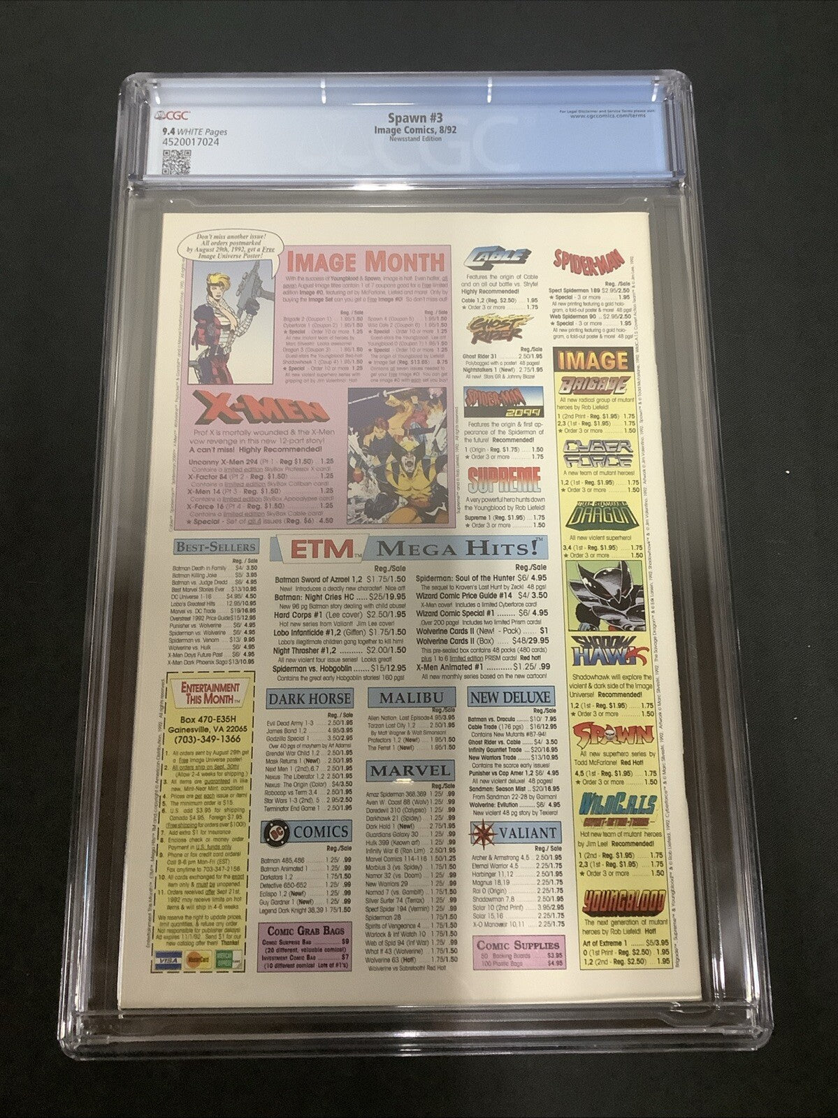 Spawn #3 (August 1992) CGC Graded 9.4, White Pages, NEWSSTAND EDITION COVER