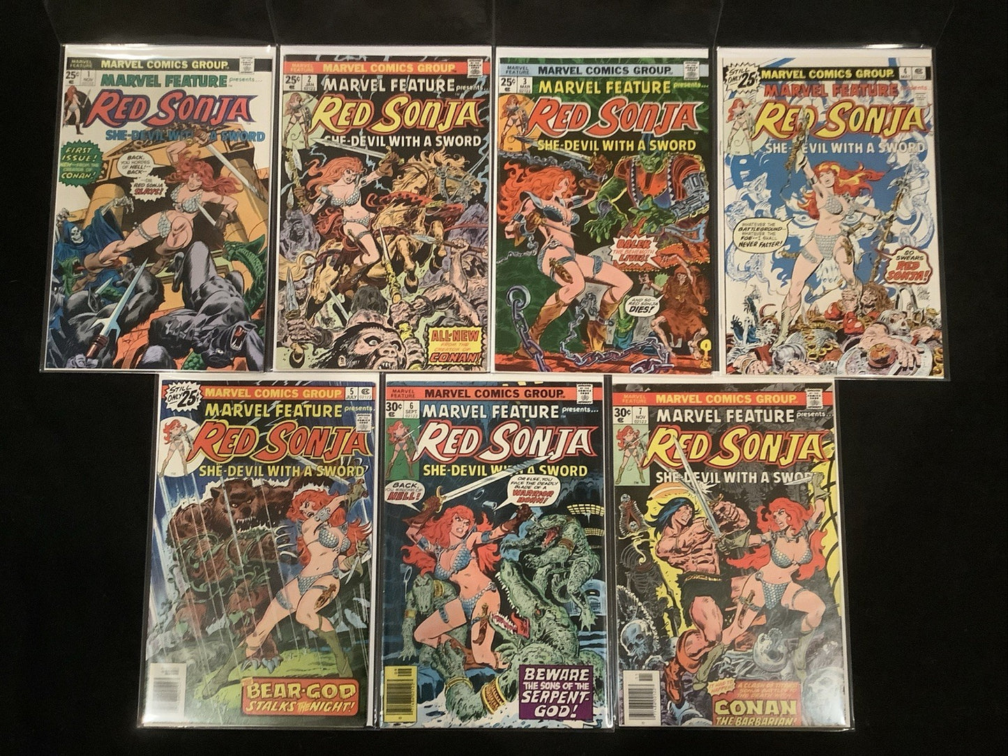 Marvel Feature #1-7 Comic Lot, Marvel Comics, Higher Grade Red Sonja! 1975