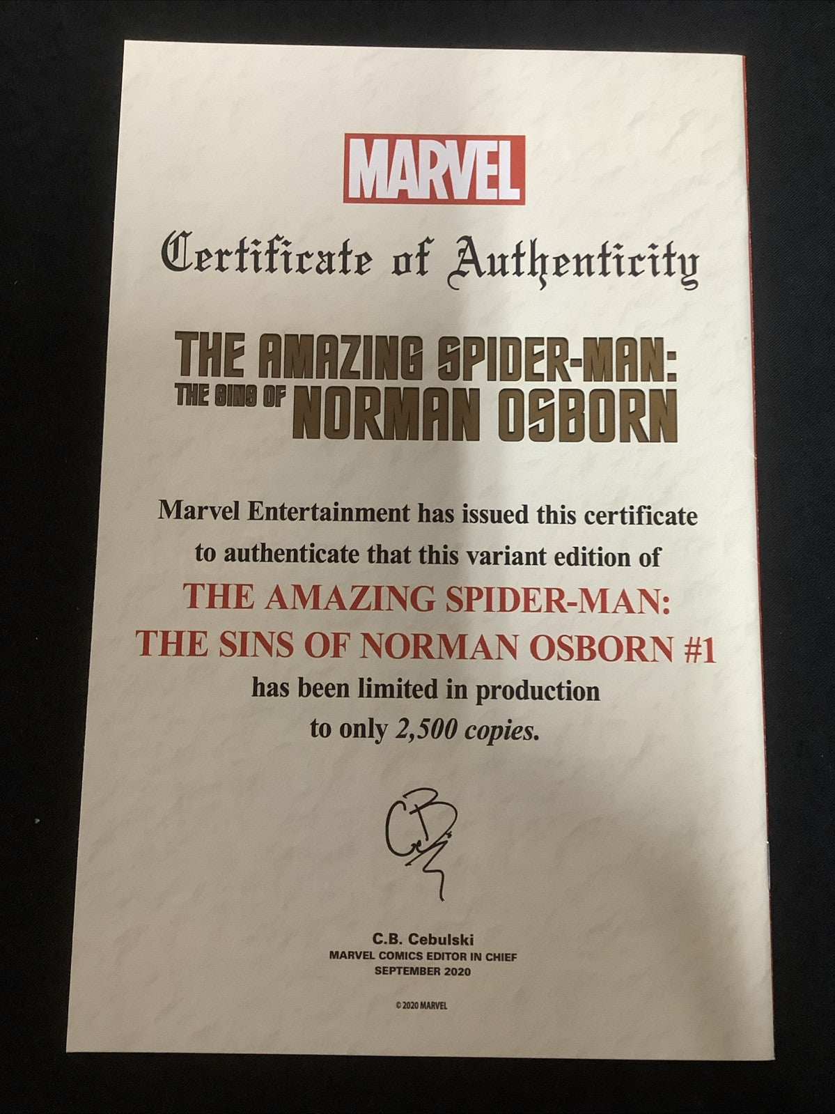 Amazing Spider-Man Sins Of Norman Osborn #1, VF+ (8.5) Numbered 552/2500 COA