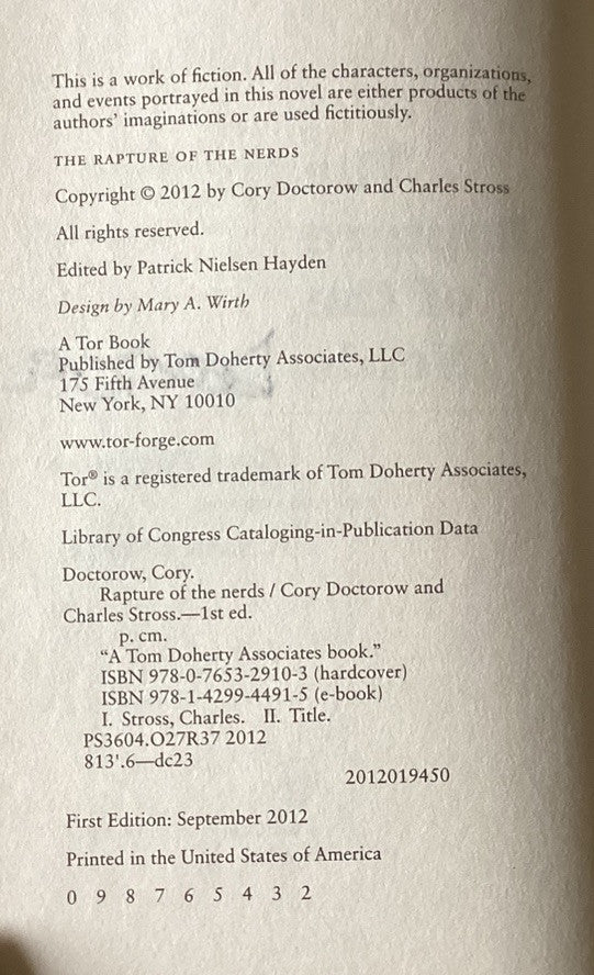 The Rapture of the Nerds Hardcover Signed 1st Cory Doctorow, Charles Stross -JD